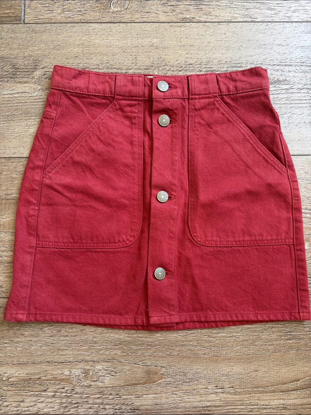 Frame Denim Caroline Skirt Brick Red Button-Front Mini Skirt w Cargo Pockets